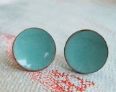 Enamel Earrings Post Earrings- Enamel on Copper Jewelry - LARGE - Blue Domed Bowl Studs