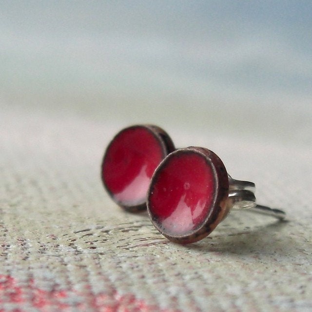Post Earrings - Small Red Enamel Earrings with sterling silver stud