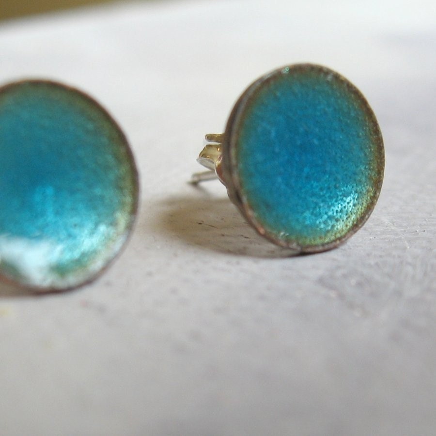 Blue Enamel Earrings - Handmade Turquoise Copper Enamel Post Earrings Jewelry -MEDIUM