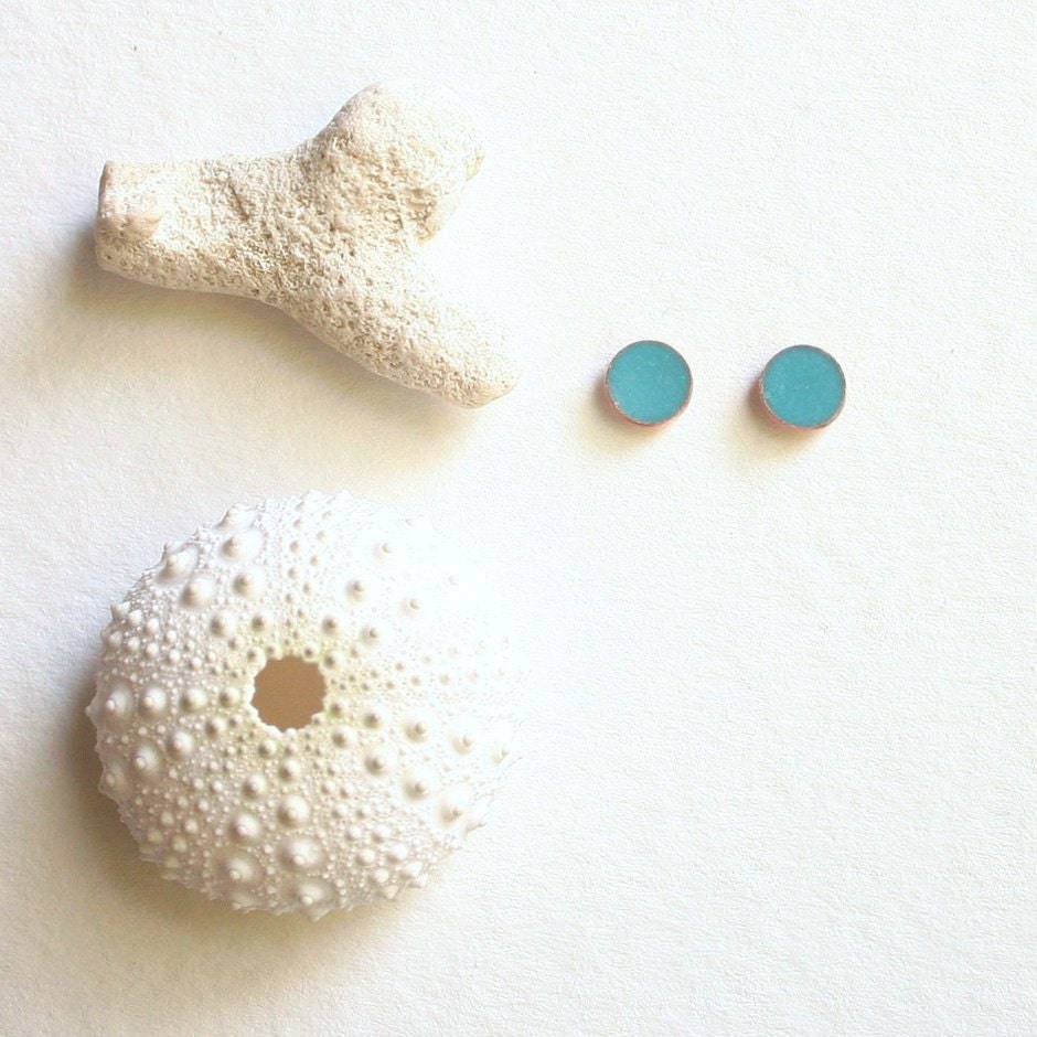 Blue Enamel Earrings - Brilliant blue enamel and copper jewelry SMALL stud