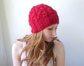 Red Handknit Hat in Alpaca and Wool. Cabled, Chunky. Cozy Winter Hat.
