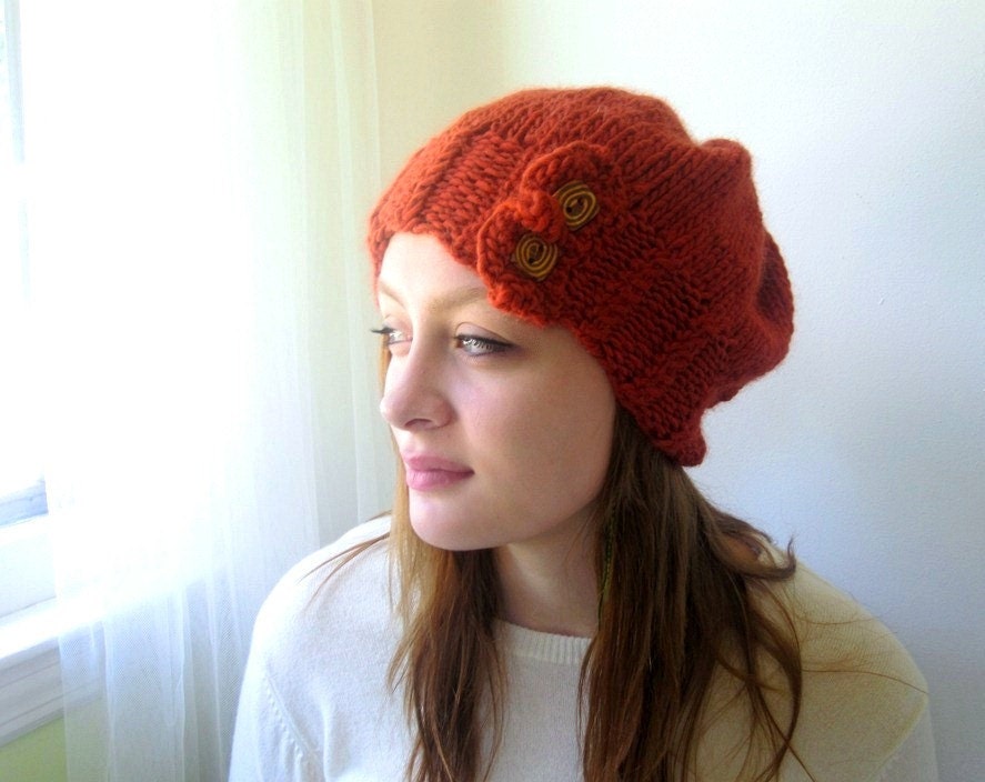 Handknit Hat in Cinammon Rust. Alpaca and Wool. Slouchy Beanie Flapper Style with Buttons.