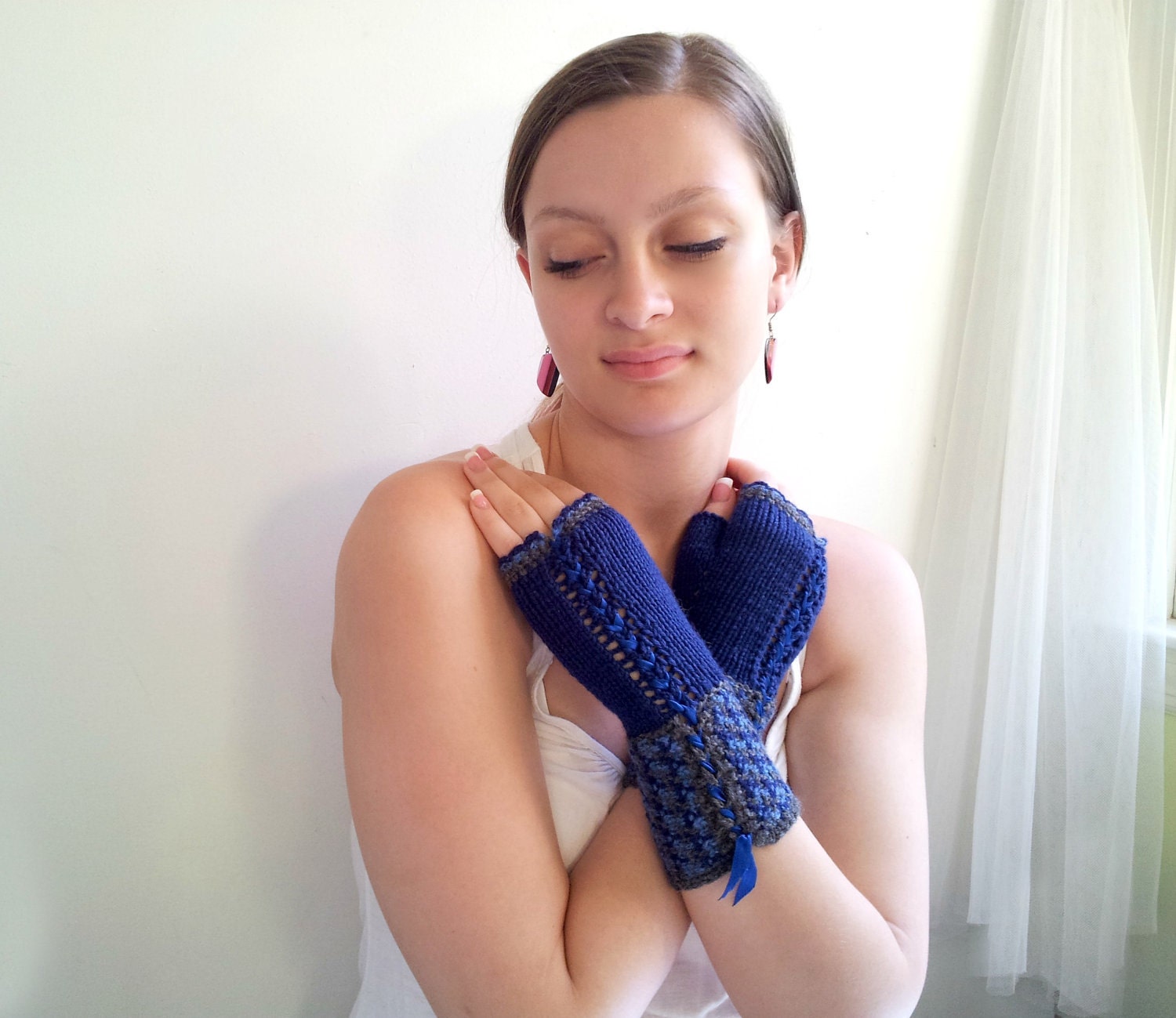 Tweed Blue and Gray Lace-Up Fingerless Gloves. Gauntlet Style. Handknit. Wool.