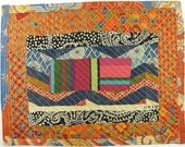 3.22.2012 small art quilt, contemporary, abstract, cotton, linen,rayon, orange, black, multiple prints, multicolored quilt