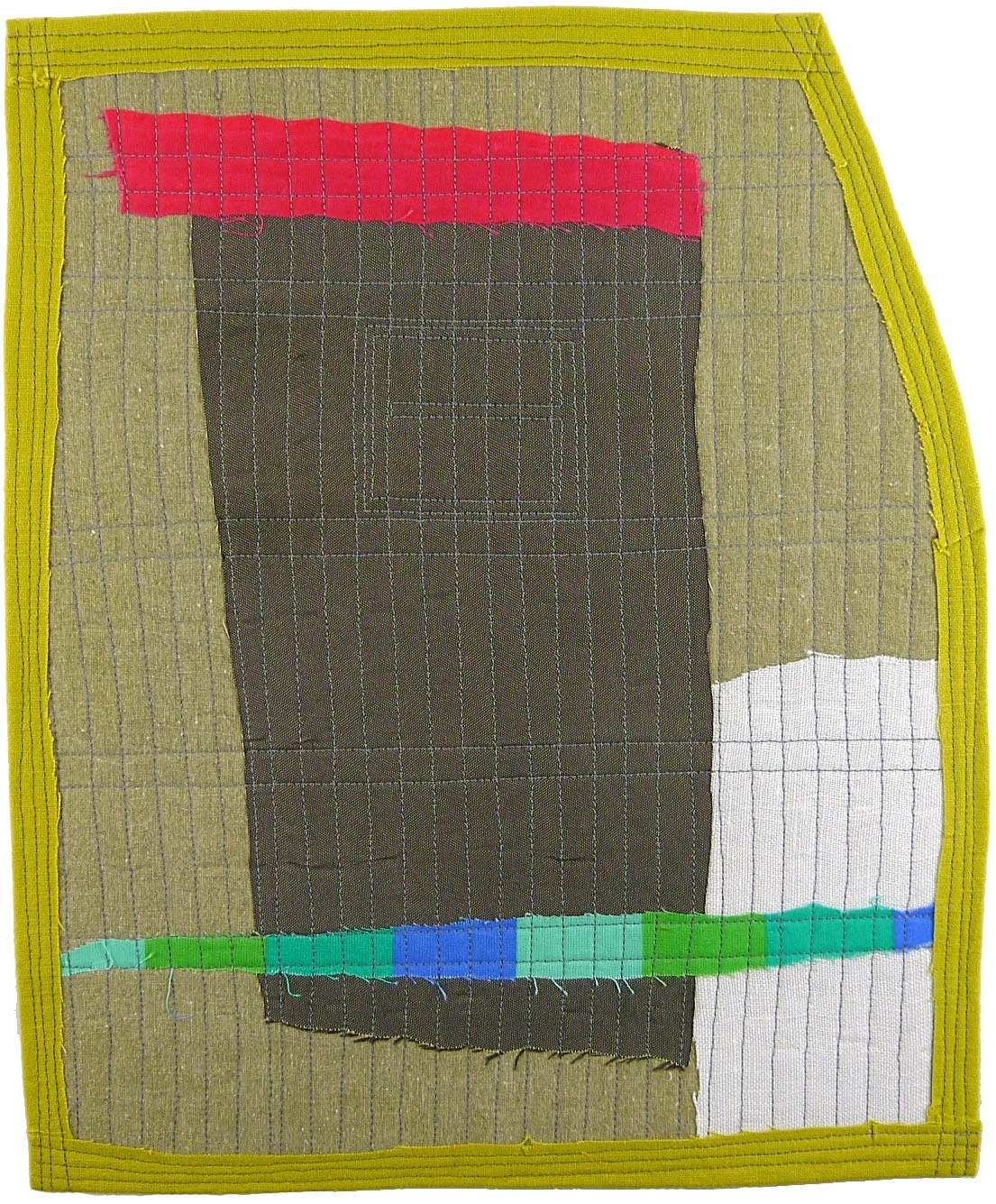 4.13.2012 small art quilt, contemporary, abstract, cotton, linen, taupe, bright pink, bright blue, dark brown, white, aqua, green