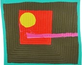 4.16.2012 small art quilt, contemporary, abstract, cotton, linen, wool blend, synthetic, brown, red, bright pink, citron, turquoise