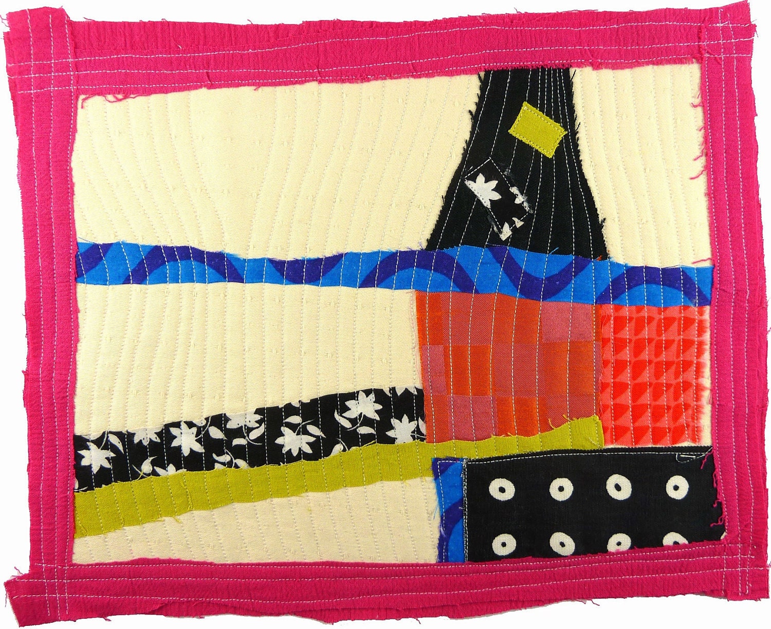 5.8.2012 small art quilt, contemporary, abstract, cream, bright pink, citron, black and white dots, blue, orange, red