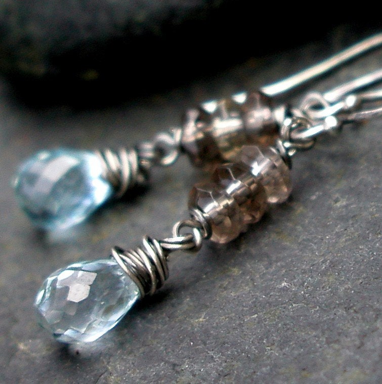 Topaz, Smoky Quartz, Sterling Silver Handmade Dangle Earrings - HARBOR