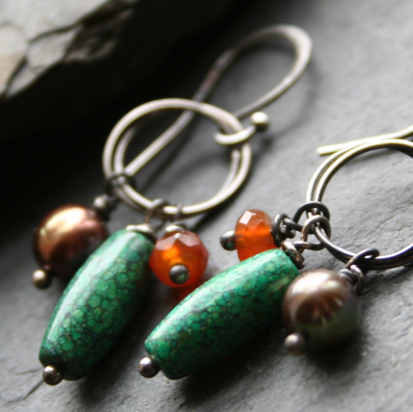 Turquoise Jasper, orange Carnelian, bronze pearl and  Sterling Silver Earrings - SEDONA