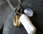Golden Citrine, Blue Chalcedony, Biwa Pearl, Sterling Silver INTERCHANGEABLE Pendant - FIRMAMENT