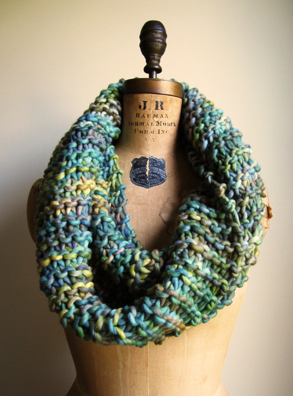 Big Chunky Knit cowl Green. Teal. Yellow. Turquoise.