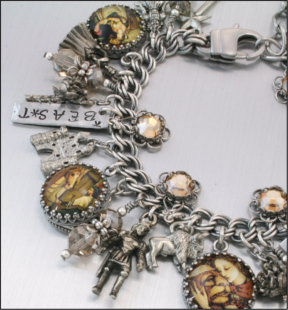 Silver Charm Bracelet, Beauty and the Beast, Fairytale Jewelry, Vintage Inspired Beauty and the Beast Jewelry
