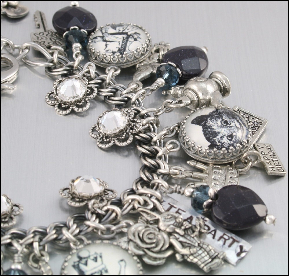 Alice in Wonderland Charm Bracelet, Silver Charm Bracelet, Alice in Wonderland Jewelry, Mad Hatter Jewelry, White Rabbit Jewelry