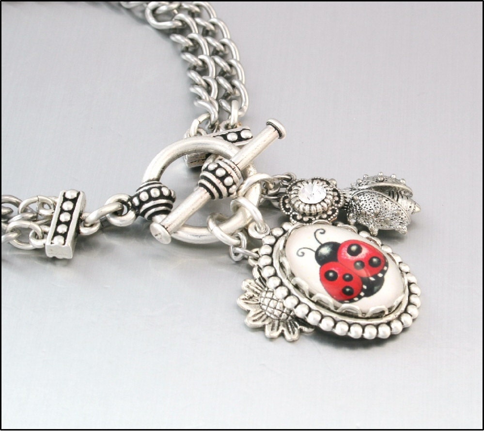 Lucky Ladybug Charm Bracelet, Silver Ladybug Charm Jewelry