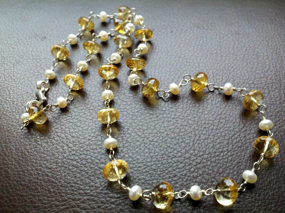 Citrine and Freshwater Pearl Sterling Silver Necklace