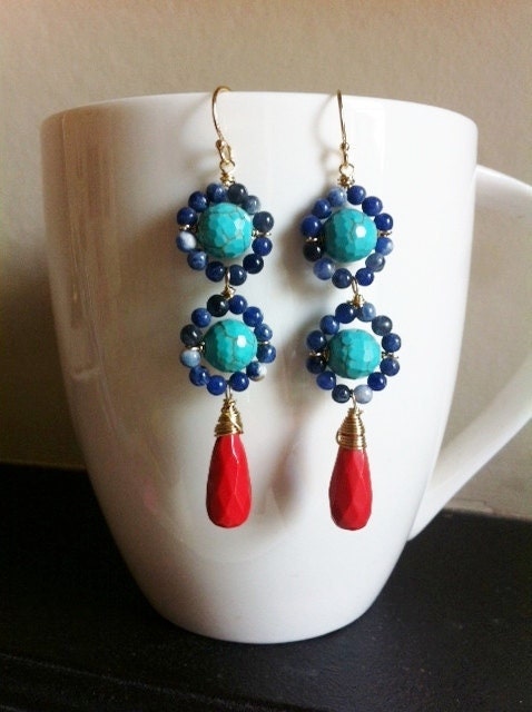 CLEOPATRA Drop - sodalite, turquoise, sienna red glass drop