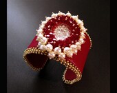 Bloody Mary - Red, Cream and Gold  Leather Cuff Bead Embroidered with Swarovski Crystals and Pearls