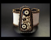 Black & Bronze Flowers - Ivory Bead Embroidered Leather Beaded Cuff