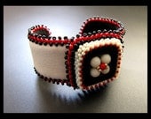 SALE 25% OFF - Retro Square - Black, Red and White Bead Embroidered Beaded Leather Cuff