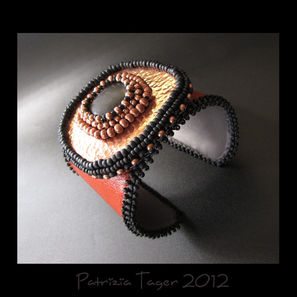 Fiery Warrior - OOAK Copper and Black Beaded Burnt Orange Leather Statement Cuff