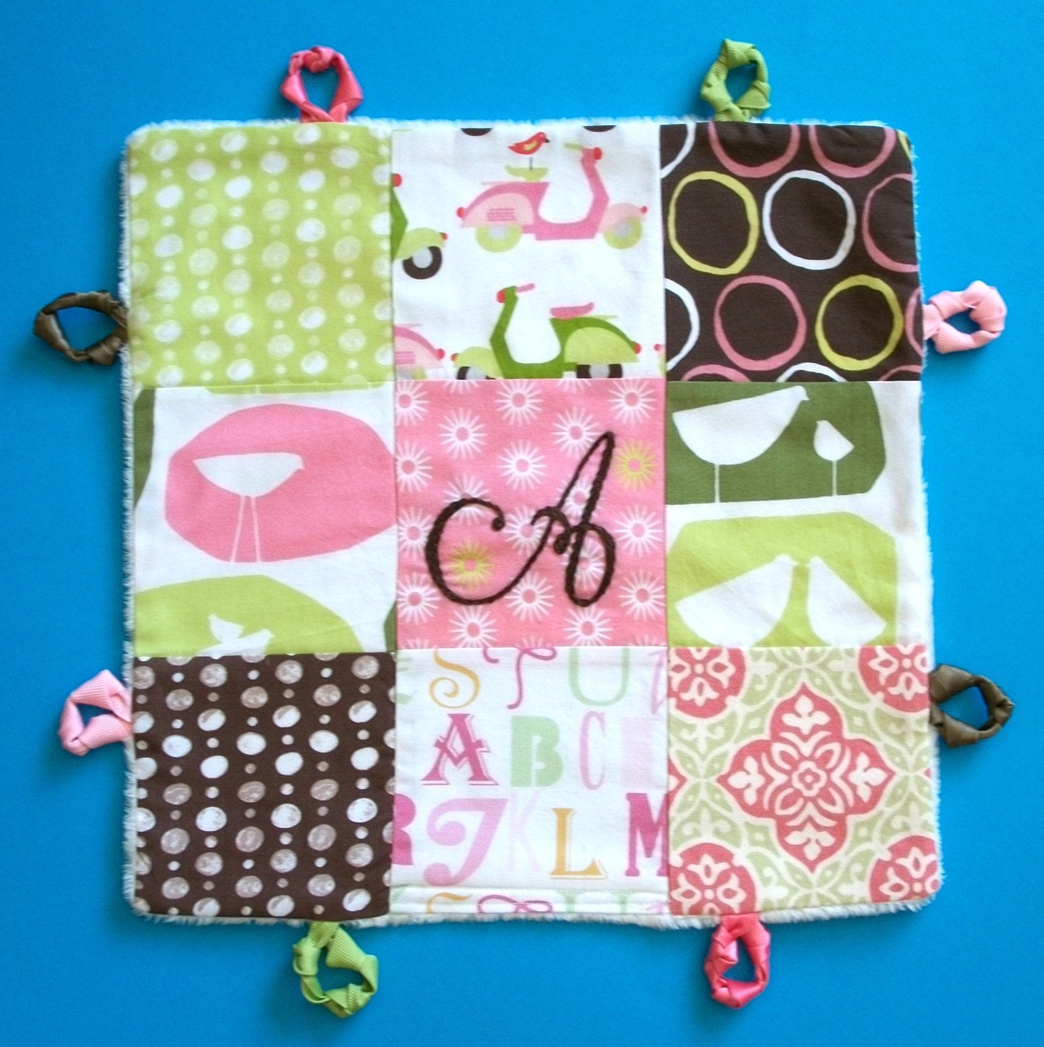 Personalized Lovey Girl Blanket  with Hand Embroidery and Knotties by Dolce Dreams