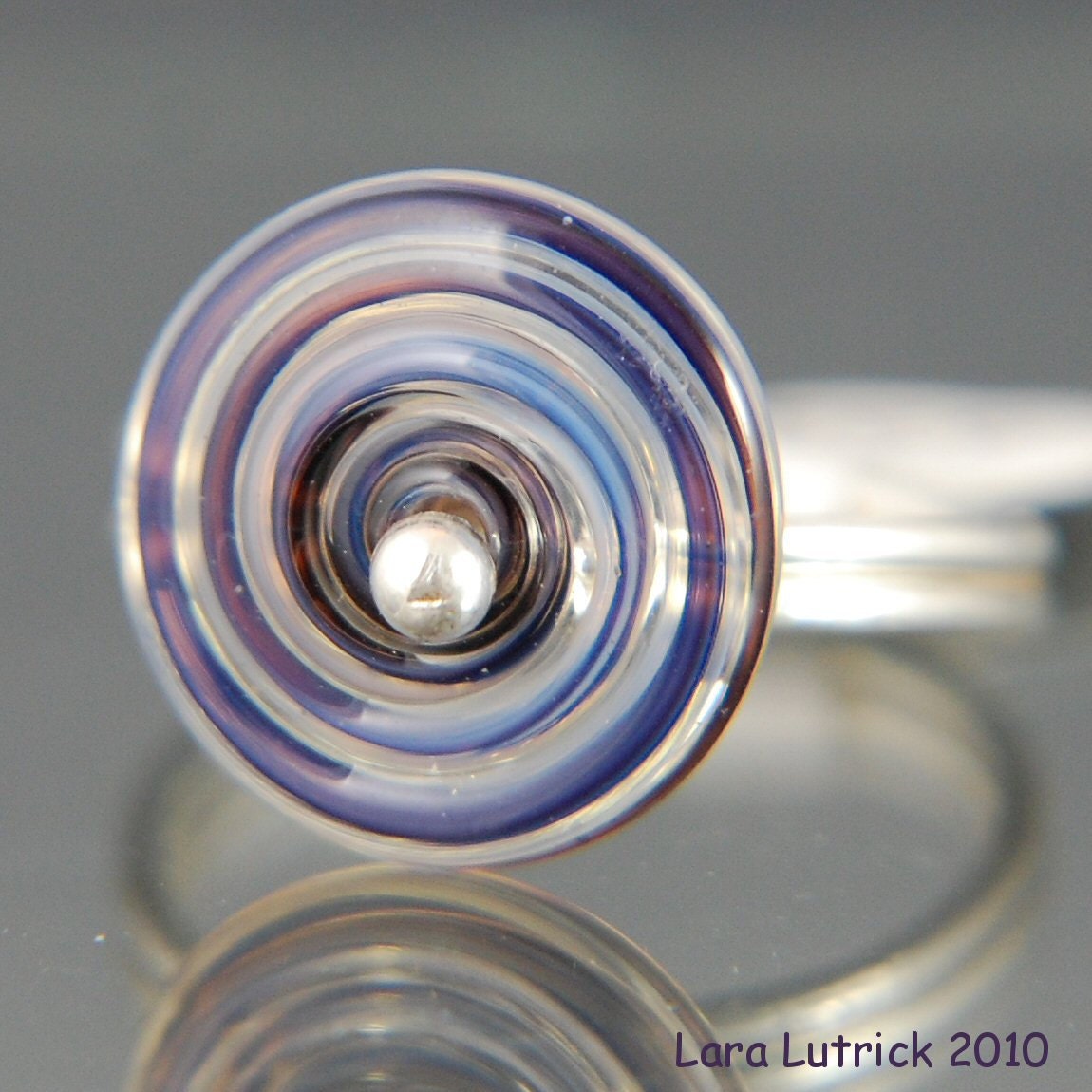 Purple Swirl Silver Wire Wrapped Ring Sz 7.75 with Lampwork Disc Bead