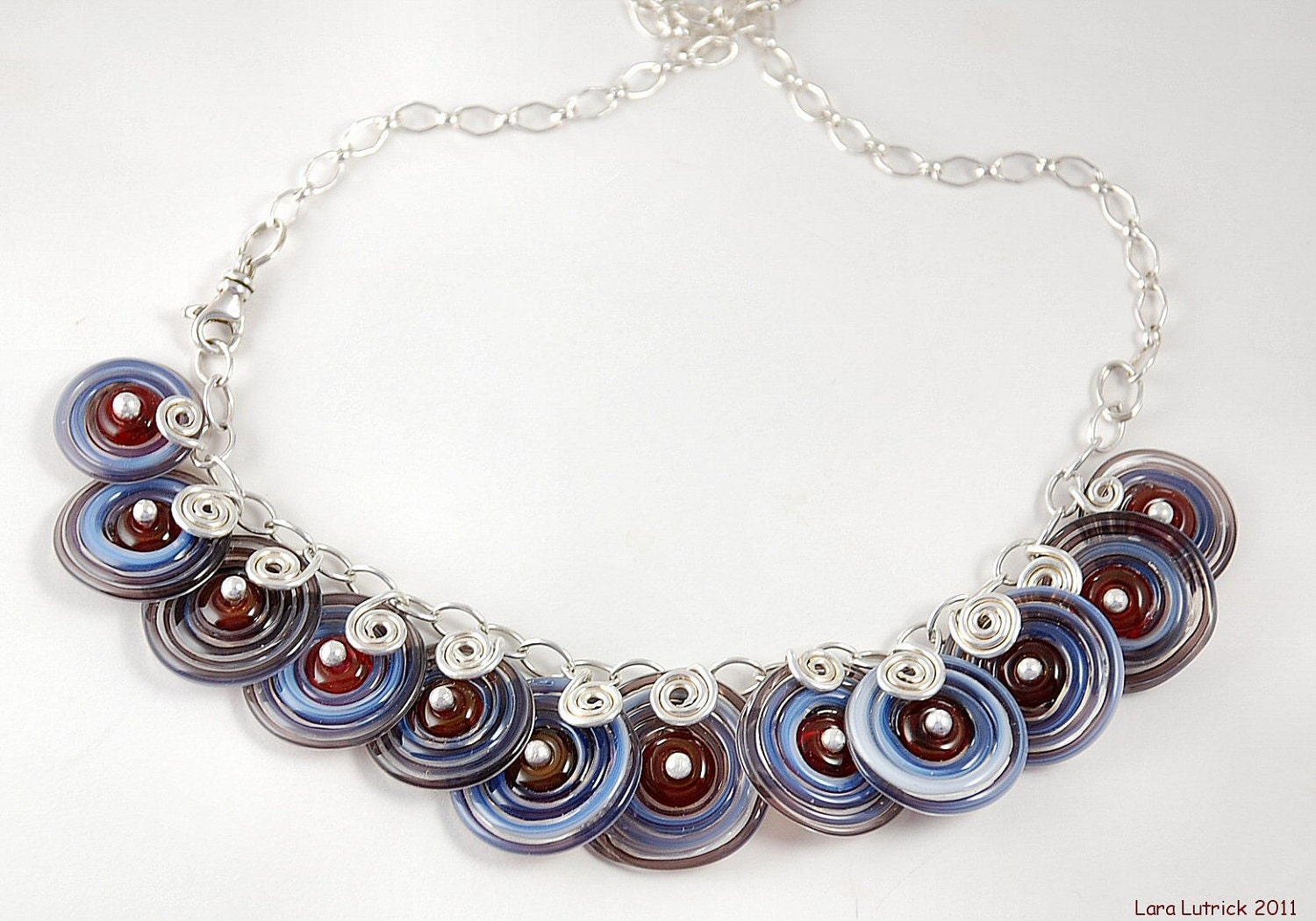 Wire Wrapped Discs Handmade Lampwork Glass Beaded Necklace
