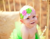 Candy Apple - Baby Girls Headband, Toddler Headband, Pink and Lime green Rosettes atop Lace and Feathers - Photo Prop