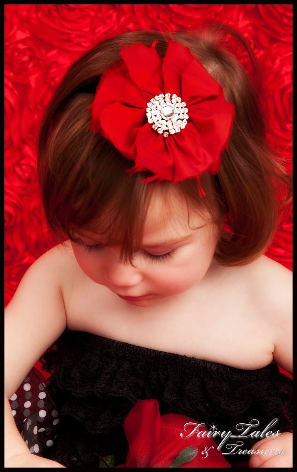 Blow a Kiss - Handmade RED Dupioni Silk Flower headband, Baby Headband, Girls Headband, Newborn Photo Prop