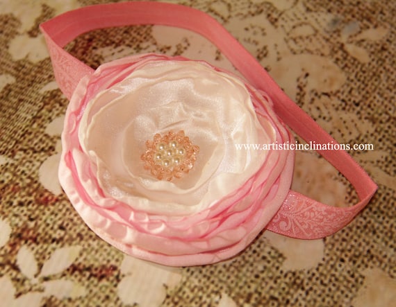 Little Lady - Handmade Satin Flower Headband, Pink and Ivory Girls Headband