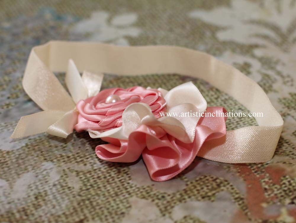 In Love in Paris - Handmade Pink Rosette with Ivory Ruffles Headband - Photo Prop for Newborns, Girls or Toddlers and Adults