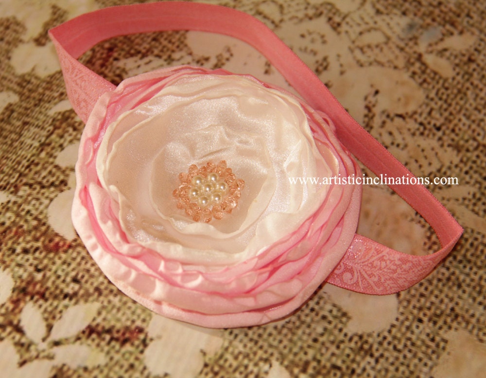 Little Lady - Handmade Satin Flower Headband, Pink and Ivory Girls Headband