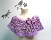 Crochet Capelet / Wrap / Scarf - Pink, Lilac and Grey - Romantic Lace Shawl with Yarn Bow - ANGEL