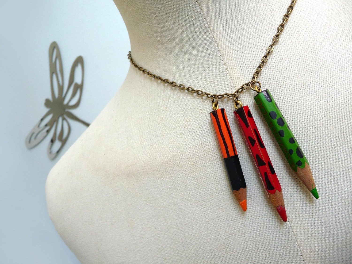 Color Pencil Necklace with brass chain - Red Orange Green Crayons