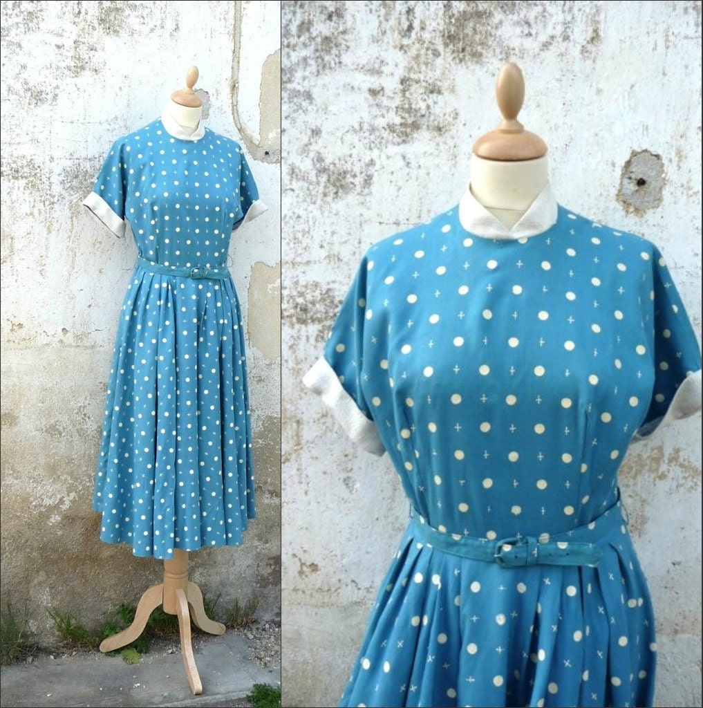 1950s dress polka dots belted  size M