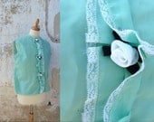 1960 mod blouse / 60 nylon blouse /aqua green / tuxedo / roses size M