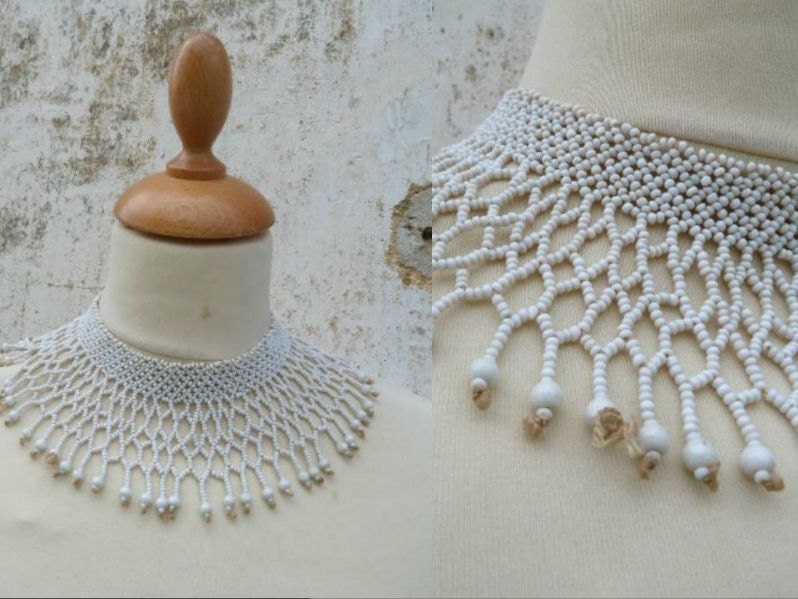 1970 Ethnic seed beads white bib necklace folk hippie beadwork