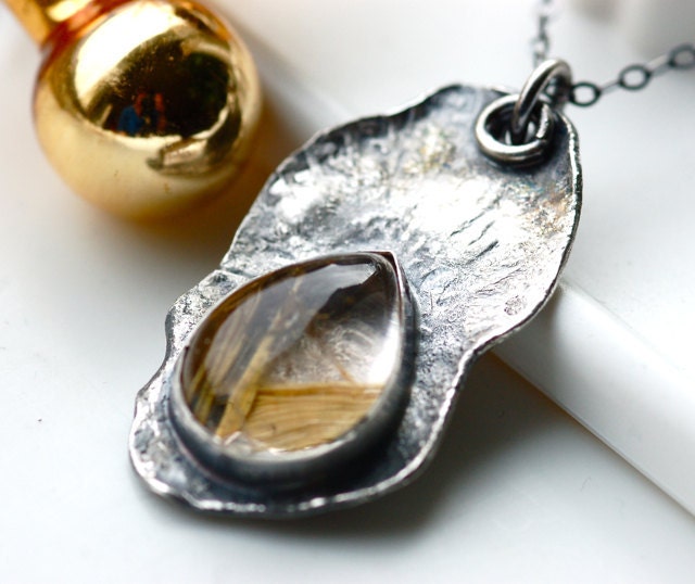 Rustic Handmade Rutilated Quartz Necklace in Sterling Silver- One of a Kind