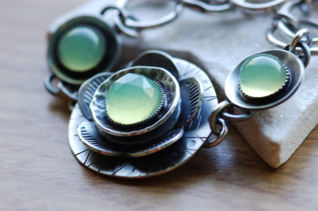 Modern Bracelet in Oxidized Sterling Silver and Chalcedony Handmade Artisan Bracelet Botanical Metalwork
