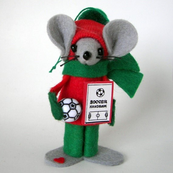 Christmas Ornament Boy Soccer Mouse felt mice gift Player or Mom Red and Green