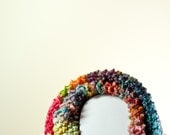 Every day is a pleasant day, rainbow, handspun, warm, scarf, mustard yellow, aqua blue
