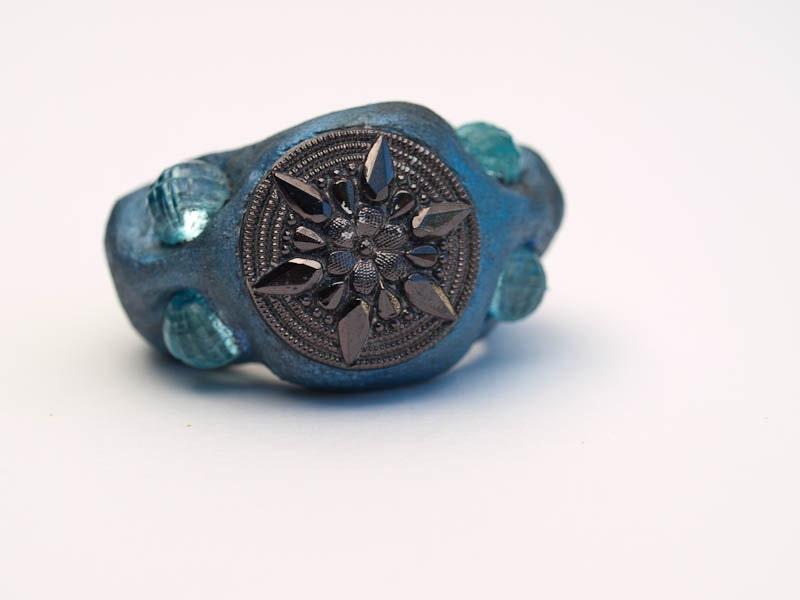 Teal painted object, SIGNET, rustic, charcoal, metallic