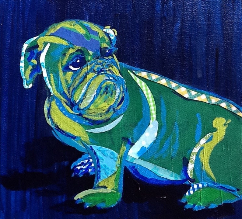 SALE Bulldog Collage in Greens and Blues