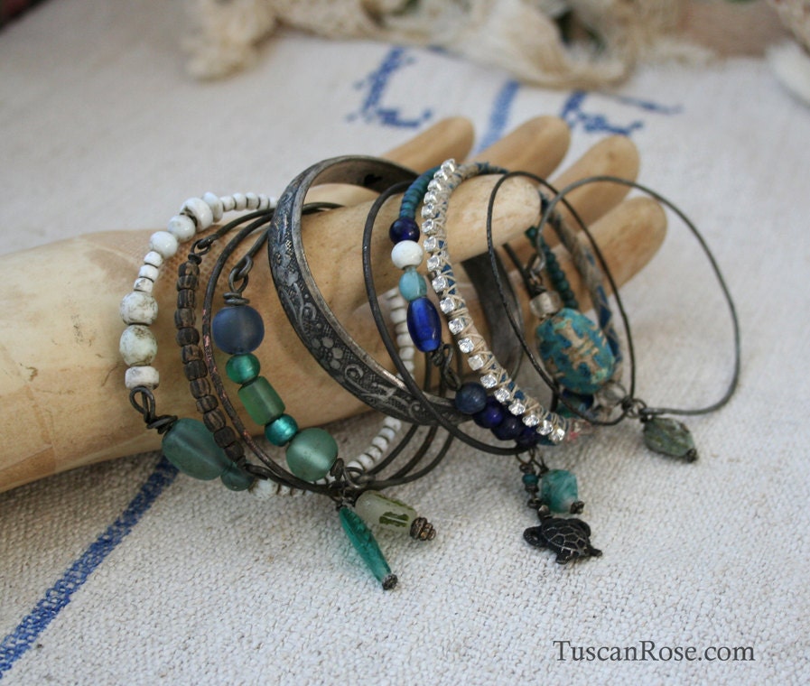Ocean 5 - Bangle Stack - set of 10 Bangles - mermaid gypsy bracelets