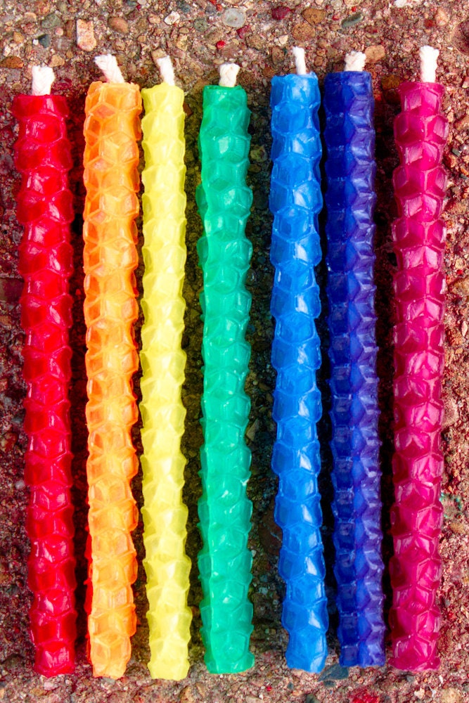 Rainbow Beeswax Birthday Candles, Set of Seven Rolled Beeswax Candles - pumpkinbear