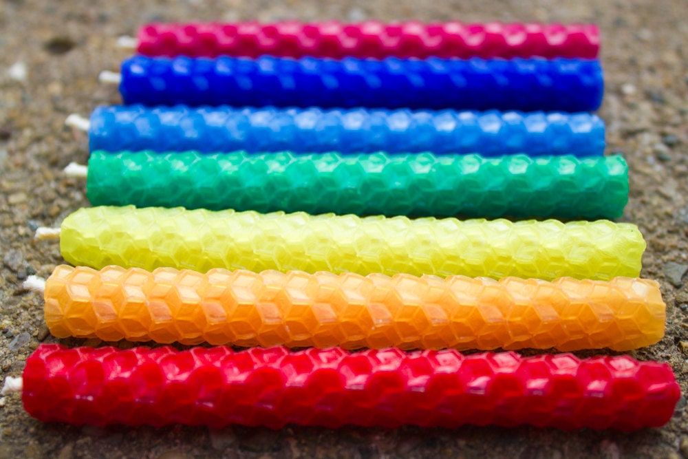 Rainbow Waldorf Ring Candles, Set of Seven Rolled Beeswax Candles