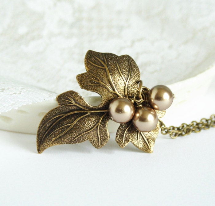 Maple Leaf Necklace, Bronze Pearls, Fall Fashion, Autumn Jewelry, Memorial Day Sale