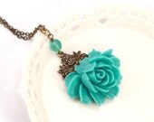 Flower Necklace, Rose Necklace - Rich Turquoise Vintage Glamor Flower Necklace