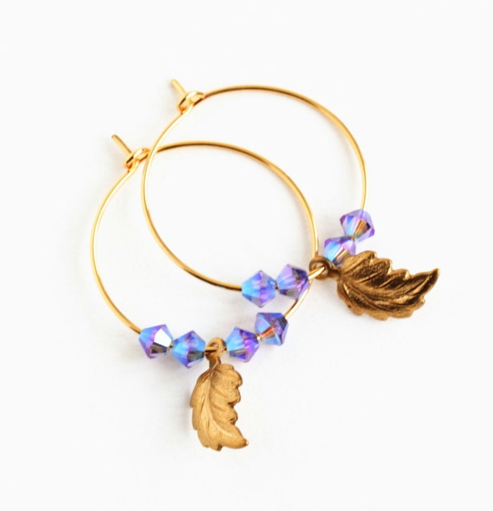 SALE, Crystal Gold Hoop Earrings, Casual Chic, Mauve Crystal Beads and Golden Leaves on Gold Plated Hoops