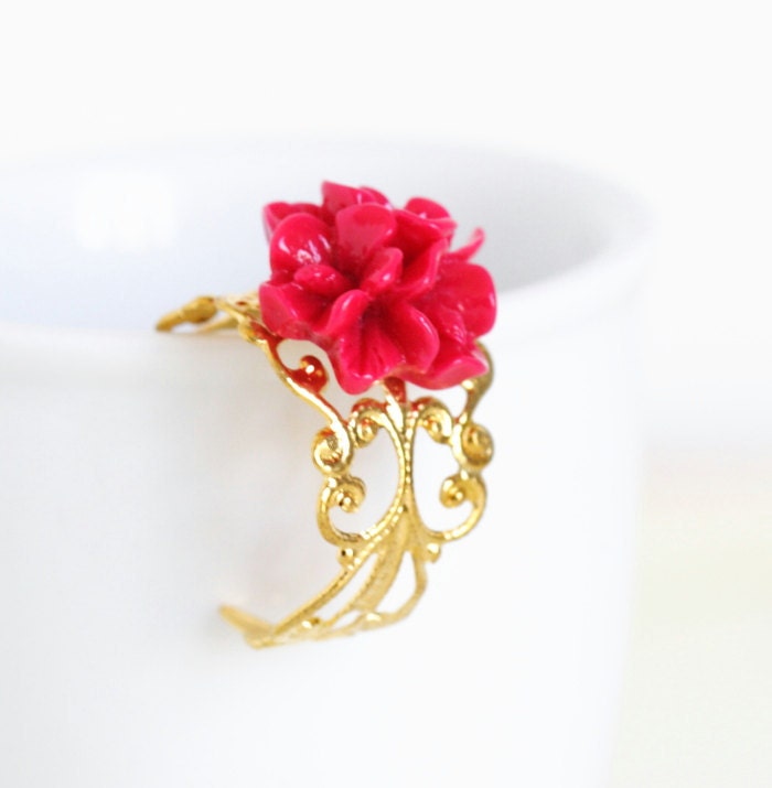 Cherry Pink Flower Ring, Pink Ring, Gold Plated, Adjustable Ring